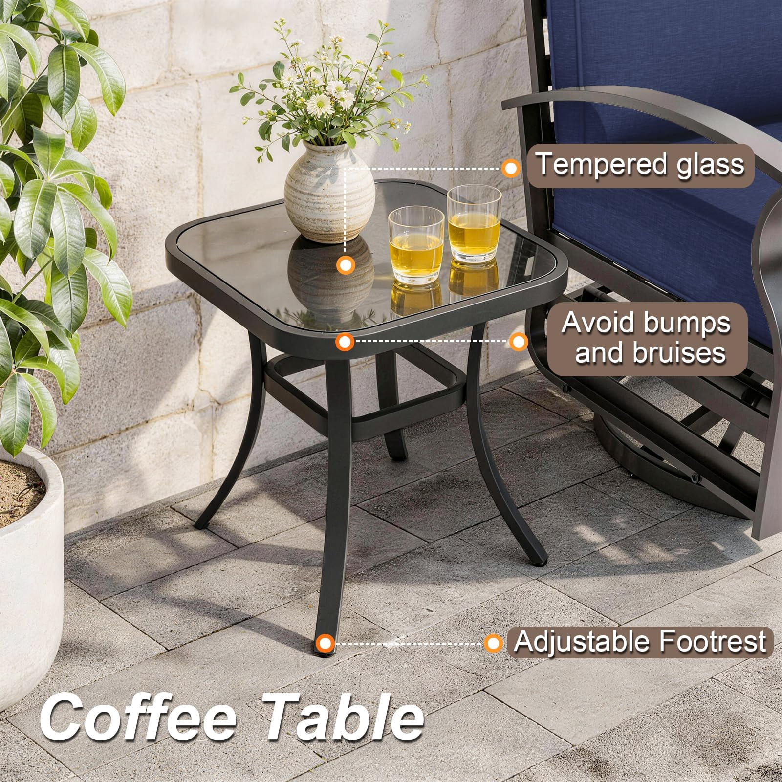Gotland 3PCS Outdoor Aluminum Swivel Rocking Chairs, 2-Person Patio Furniture Conversation Set with Coffee Table and Cushions, Navy Blue