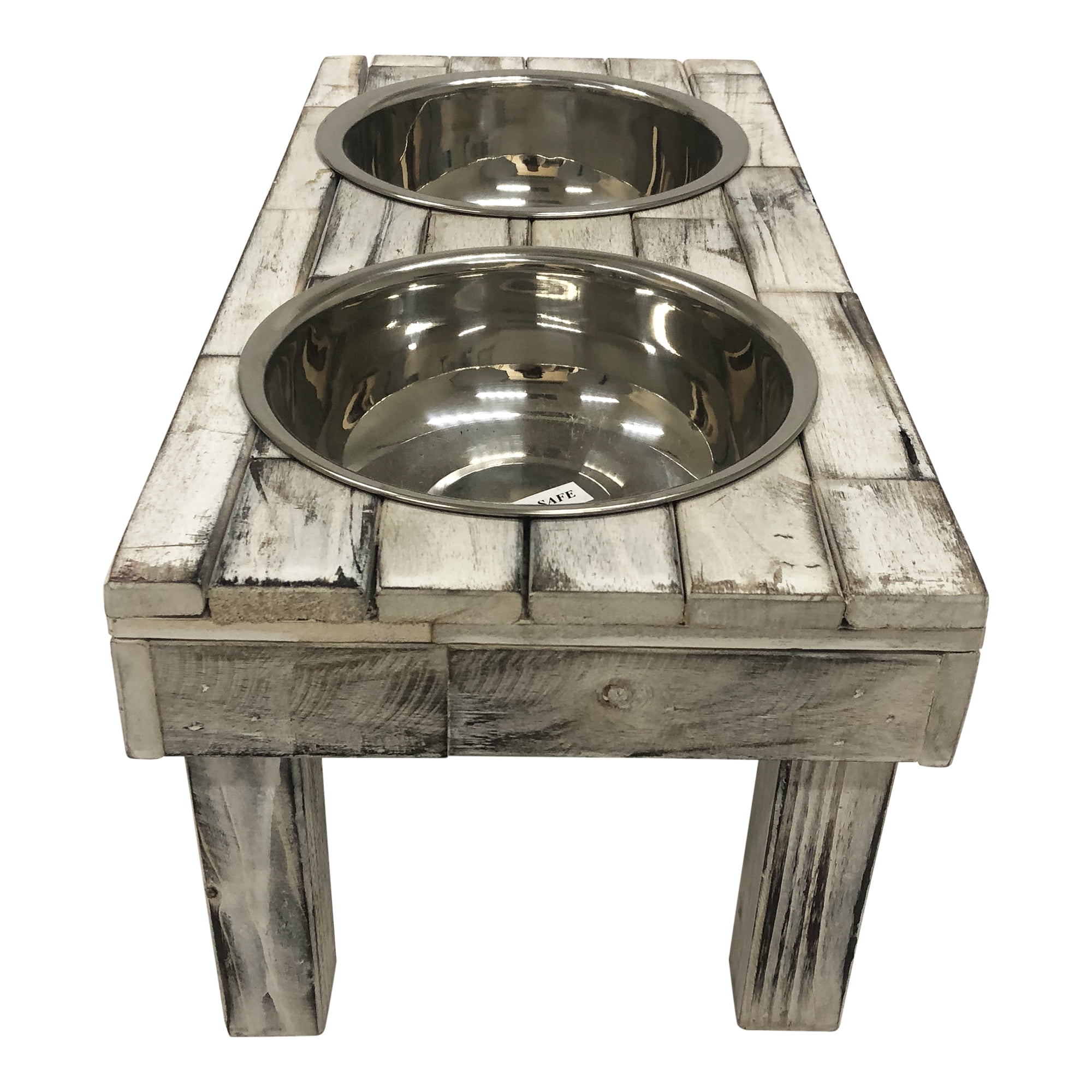 Huntley Pet Berjen Table Elevated Double Bowl Pet Feeder, White Wash (Small)