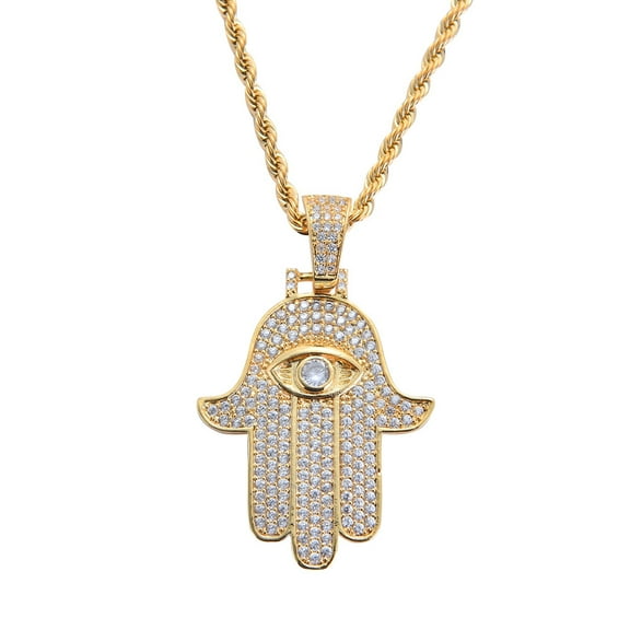 Men's Fashion 14K Yellow Gold Full Rhinestones Hand of Fatima Pendant Necklace Religious Personality Jewelry