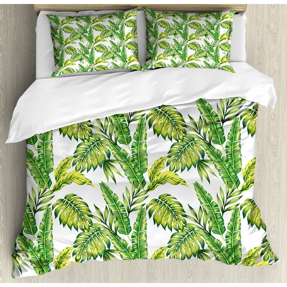 Jungle Duvet Cover Set, Vintage Tropical Palm Jungle Colored Exotic Leaf Foliage Forest Themed Print, Decorative 3 Piece Bedding Set with 2 Pillow Shams, Queen Size, Fern Green Lime, by Ambesonne
