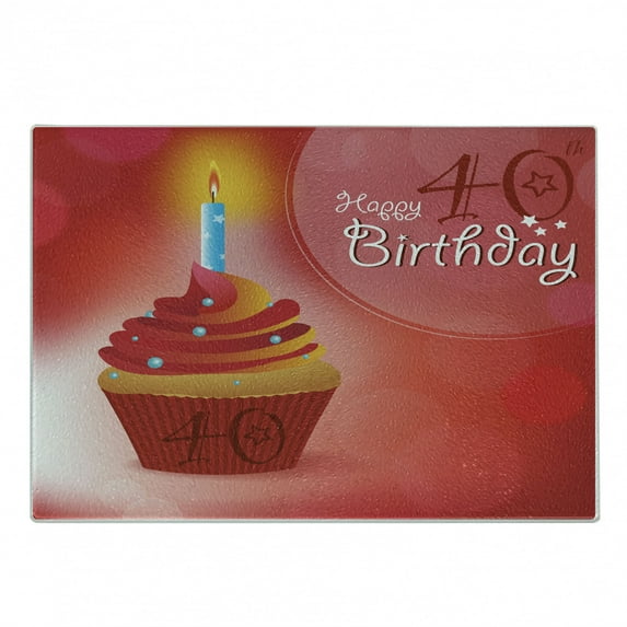 40th Birthday Cutting Board, Delicious Cupcake with Candlestick Dots and Stars Romantic Design, Decorative Tempered Glass Cutting and Serving Board, Small Size, Red Orange Blue, by Ambesonne