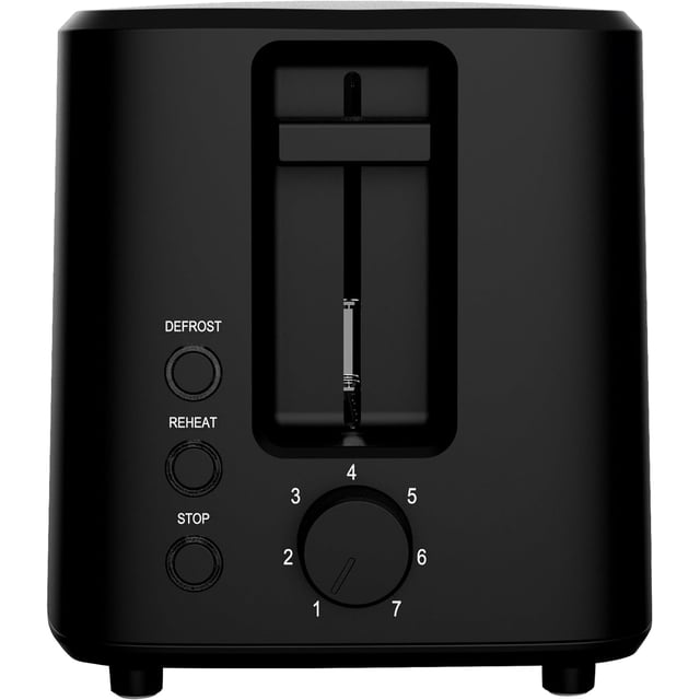 tostador de pan 2 rebanadas color negro MasterChef, vista frontal centrada con ranura para dos rebanadas, palanca elevadora central, botones de descongelar y recalentar a la izquierda y perilla de 7 niveles de tostado en la base; fondo neutro, compacto; a menudo usado para tostar bollos o bagels en porciones individuales.