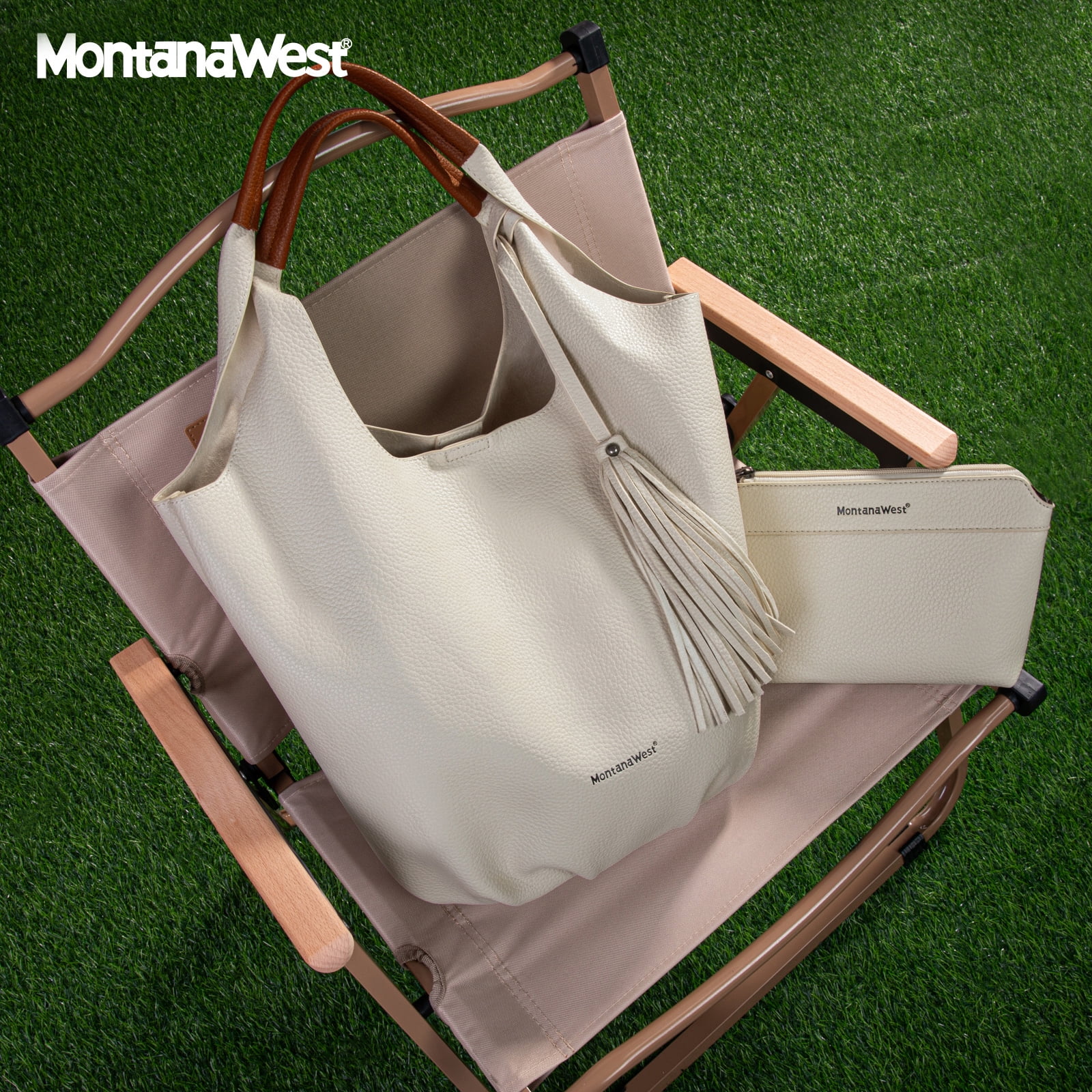 Montana West Slouchy Hobo Bags for Women 2PCS Tassels Handbags Shoulder Bag Set with Comestic Bag, Beige