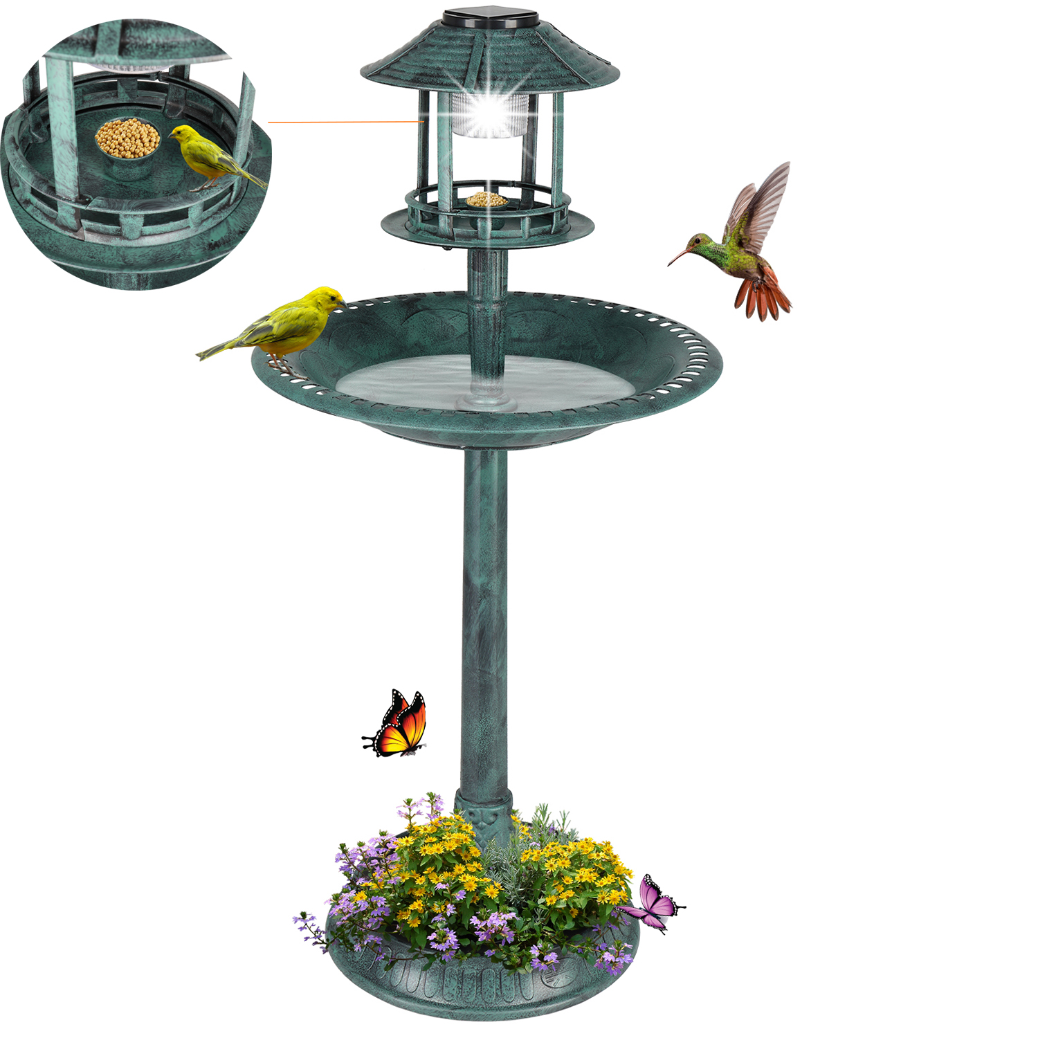 Seizeen Outdoor Bird Bath, Green Garden Birdbaths & Bird Feeder Comb with Solar Light, Base Planter, 3 Tiers Round Bird Bath Garden Decor for Outside Lawn Yard - image 1 of 10