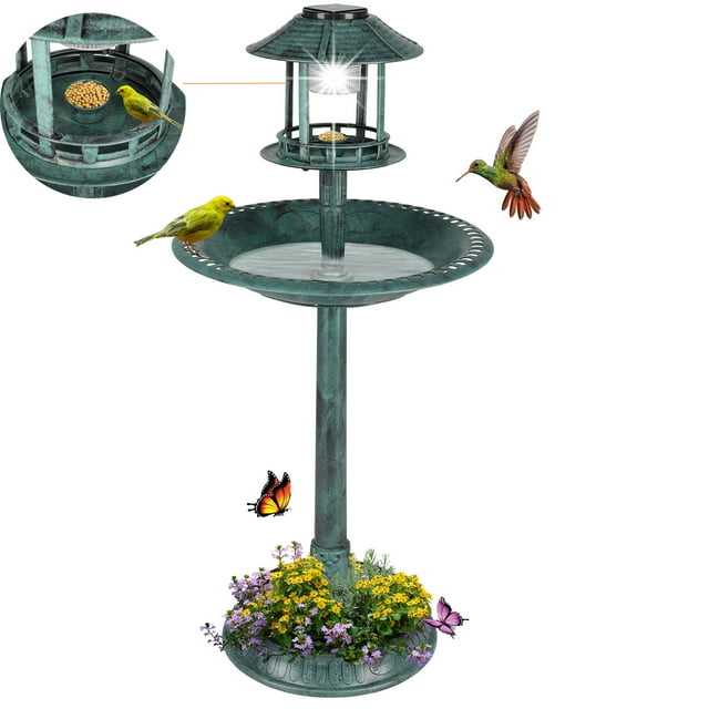 Seizeen Outdoor Bird Bath, Green Garden Birdbaths & Bird Feeder Comb with Solar Light, Base Planter, 3 Tiers Round Bird Bath Garden Decor for Outside Lawn Yard