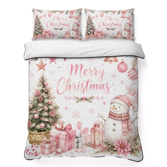 Quilts Queen Size Bedding Set, Pink Merry Christmas Lightweight Quilted Comforter, Xmas Tree Snowman Eucalyptus Leaf Soft Reversible Bedspread Coverlet with Pillow Covers for All Season, 90" x 96"