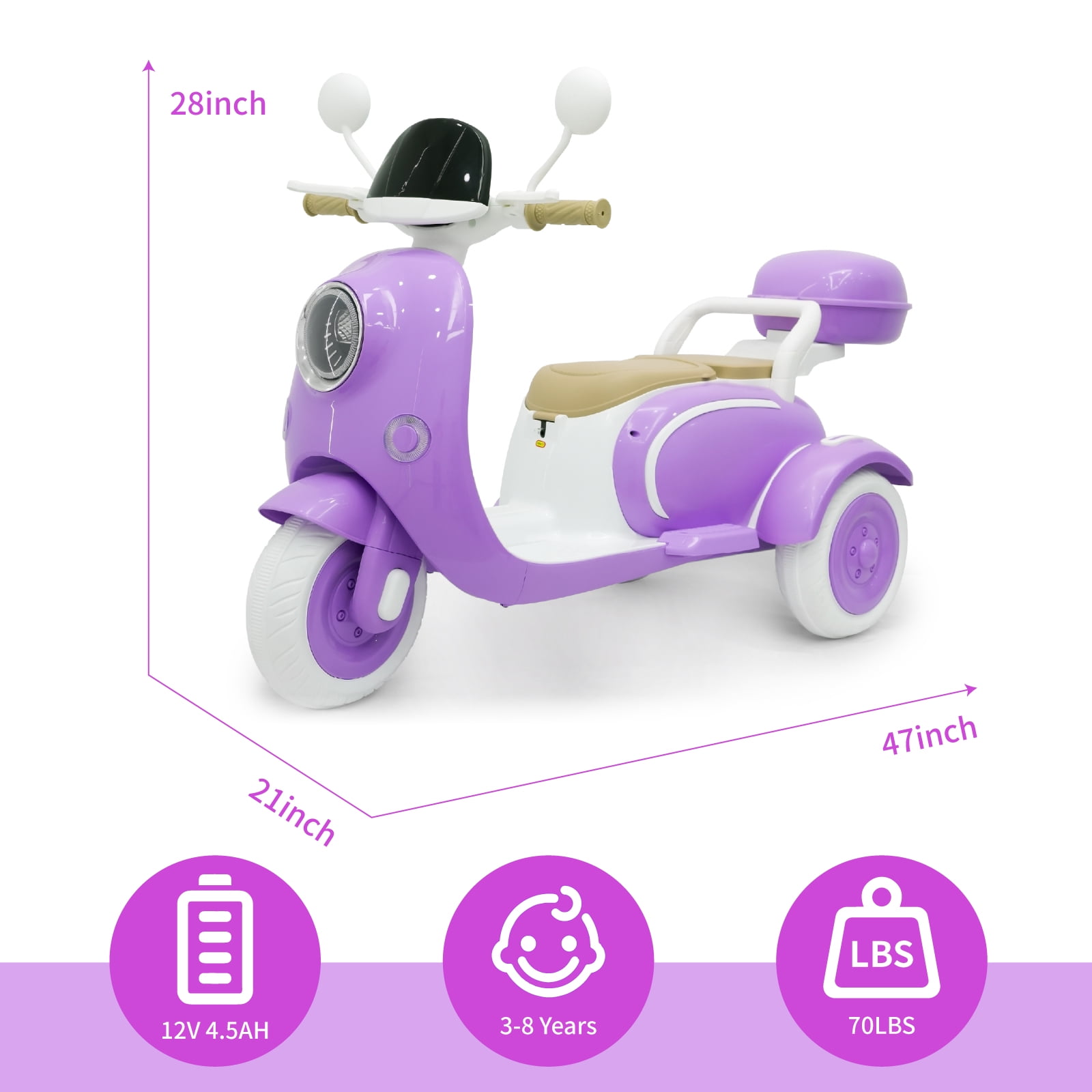 TCARAIWEN 12V Kids Electric Motorcycle Battery 3-Wheeler Tricycle w/Bluetooth Music LED Storage Box Purple