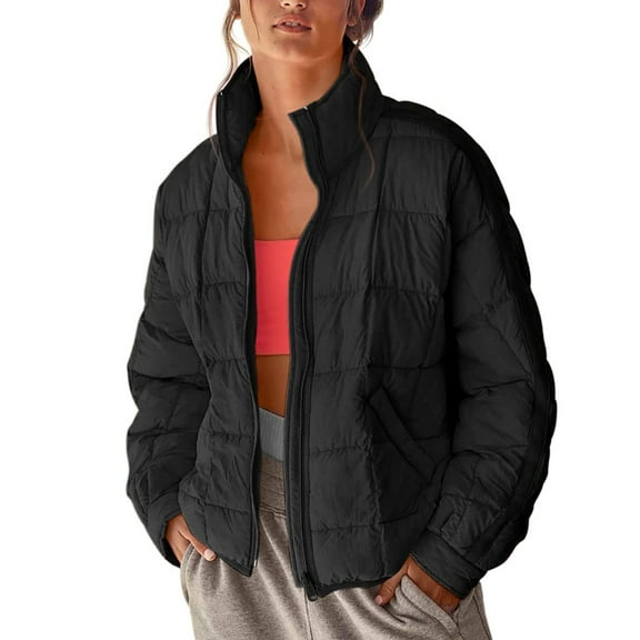 GEWSEY Women's Oversized Splice Quilted Lightweight Puffer Jacket Casual Padded Coat (Black, M)