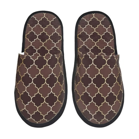 Balery Brown Gold Grid Slient Indoor Furry Fleece Comfort House Shoes Soft Non-Slip Home Shoes Cotton slippers House Slippers-- Large