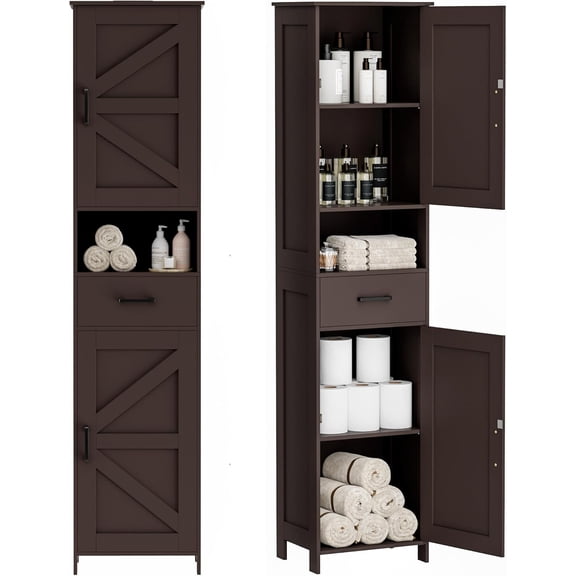 Bathroom Storage Cabinet with 2 Barn Doors and 1 Drawer, Narrow Storage Unit, Adjustable Shelves, Floor Cabinet for Bathroom, Living Room, Entryway, Kitchen
