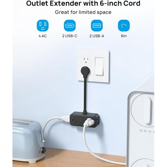 GHRTGR-Outlet Extender with 6 Inch Cord, Multi Plug Wall Outlet with 4 Electrical Sockets and 4 USB Ports, Wall Mountable, Flat Plug Adapter for Home Office Travel, Cruise Ship Essentials, Black