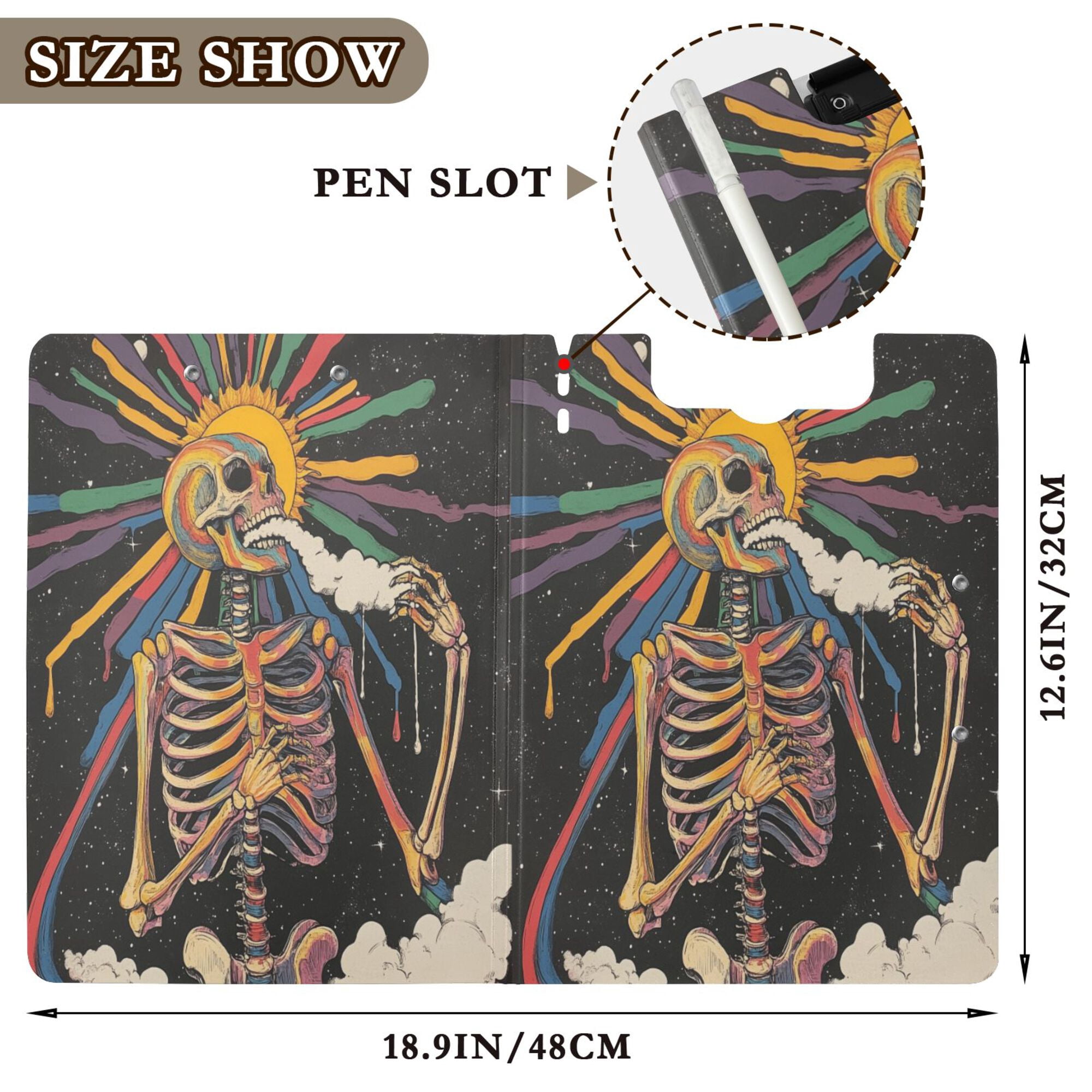 FORMRS A4 Clipboard Folder with Pen Holder Horizontal Foldable School Office Binder, Colorful Skeleton Sun
