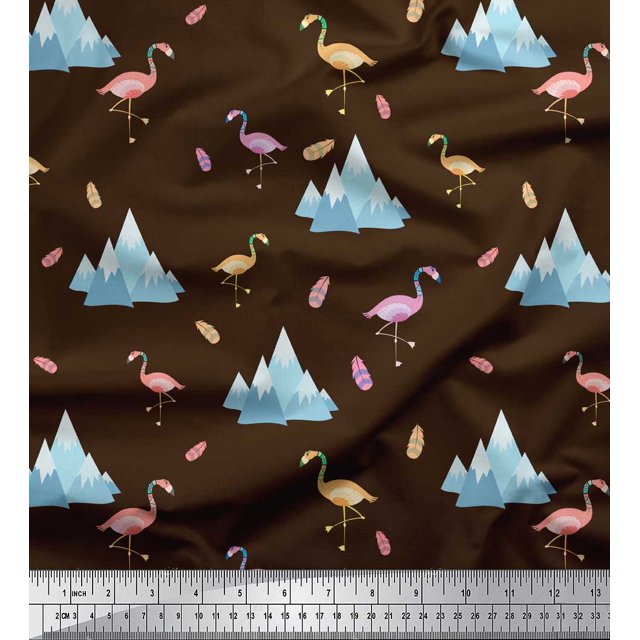 Soimoi Brown Georgette Viscose Fabric Feather & Flamingo Bird Print Fabric by the Yard 44 Inch Wide