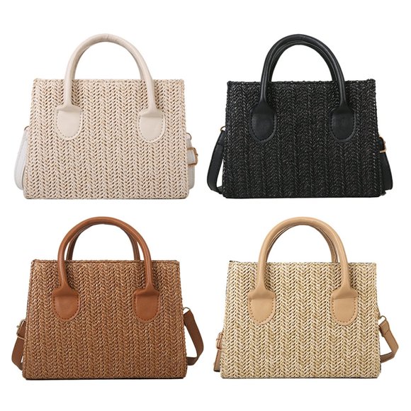 Straw Shoulder Bag Women Woven Leather Small Crossbody Tote Handbag (Khaki)