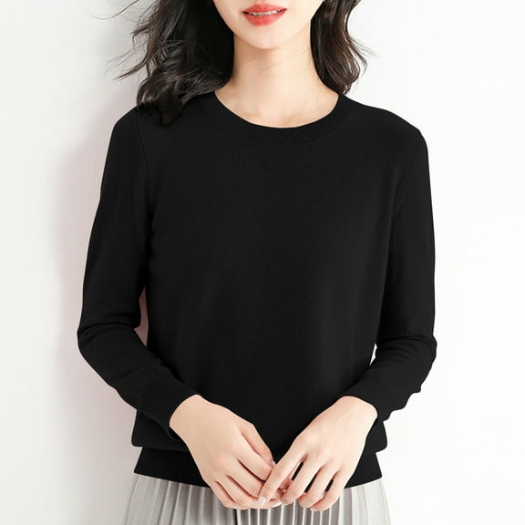 Idoravan Long Sleeve Shirts for Women,Ladies, Women's Fashion R-Neck Long Sleeve Loose Solid Color Blouse Black M