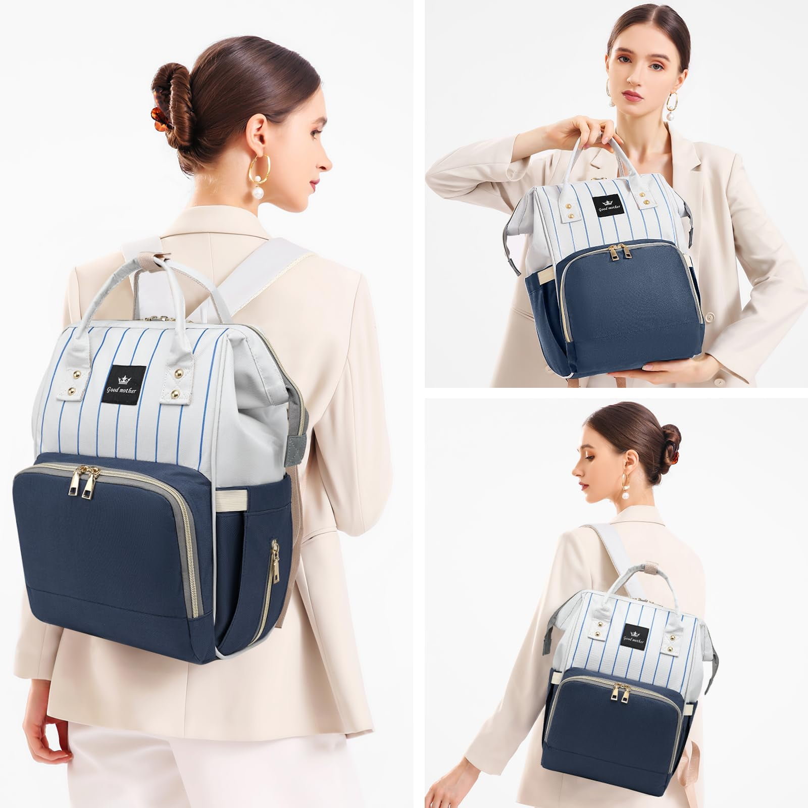 Diaper Bag Bacpack, HDJ Diaper Bag for Travel, Large Capacity Bacpack with Insulated Milk Bottle Pocket for Mommy,Navy