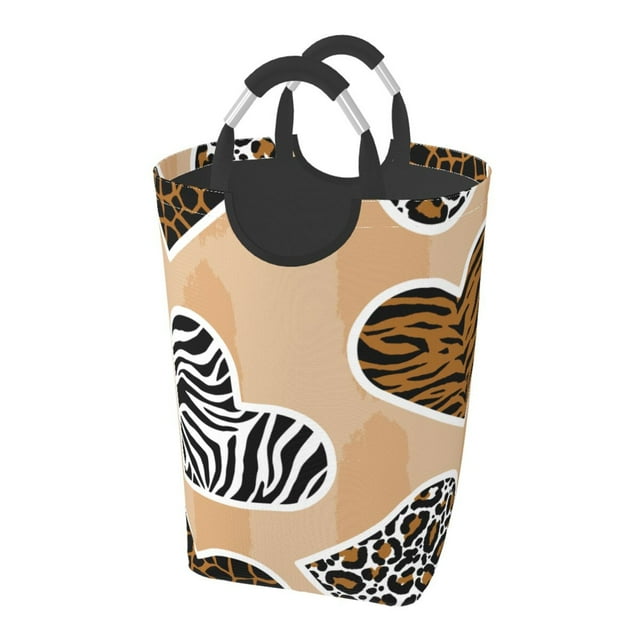 DouZhe 50L Rectangular Laundry Basket, Hearts Leopard Tiger Zebra Texture Prints Waterproof Foldable Laundry Hamper with Aluminum Handles
