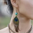 thumbnail image 2 of Granjero Gordo Pendientes colgantes de plumas nativas vintage de lujo hechos a mano para mujer, pendientes largos de gancho estilo bohemio con diseño de pavo real, 2 of 5