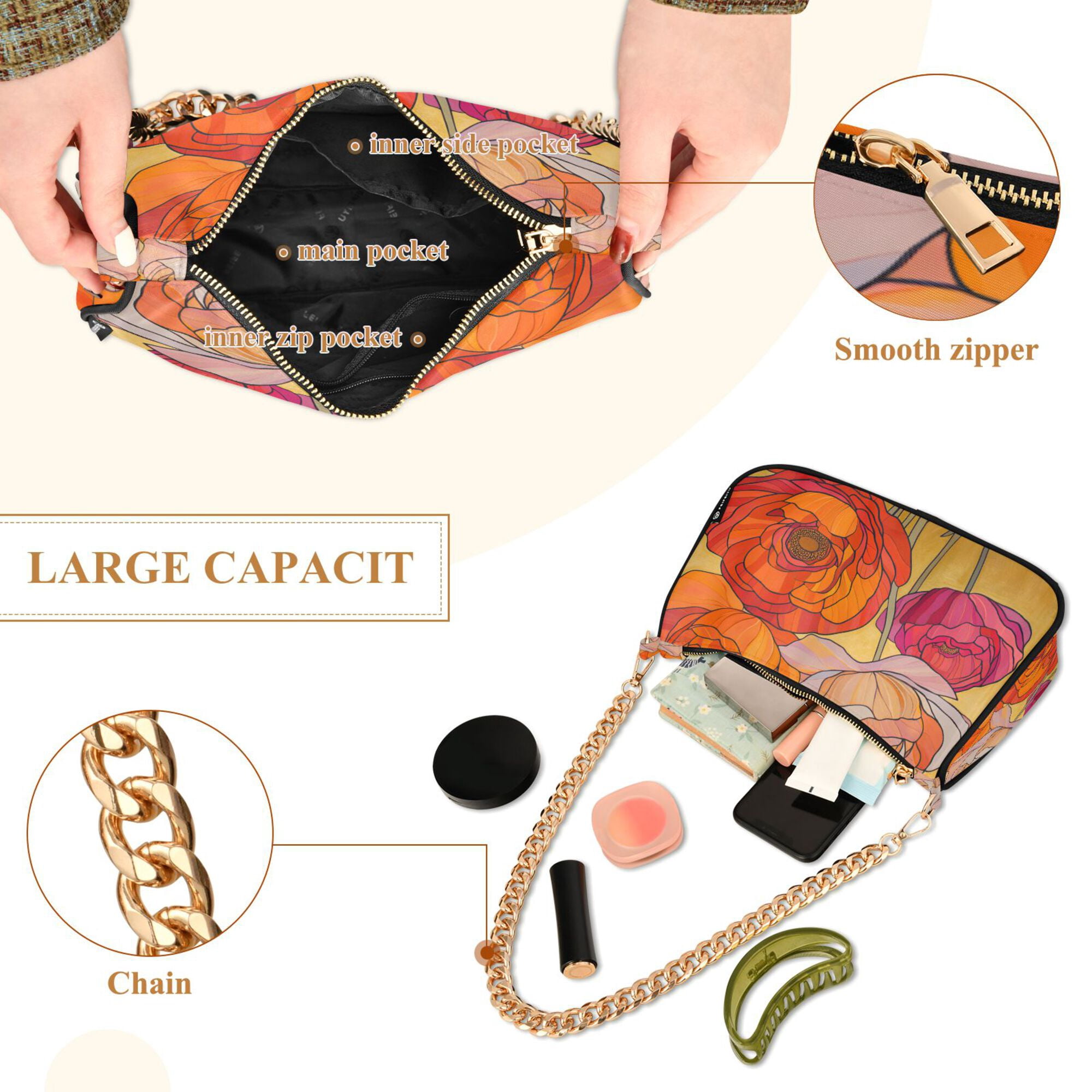 FORMRS Womens Shoulder Bag with Chain Strap Clutch Purse Cute Tote Handbag, Orange Abstract Floral