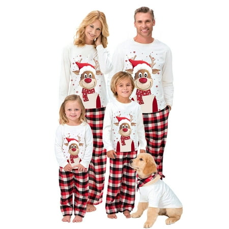 

Family Matching Christmas Pajamas Dog Apparel/Cartoon Elk Print Long Sleeve Tops Plaid Long Pants Loungewear Suit