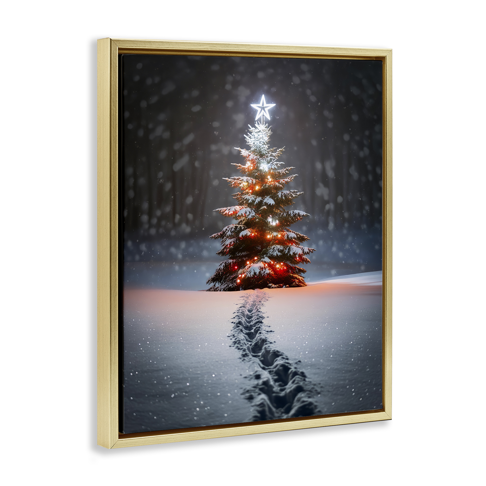 Stupell Industries Magic Moments Holiday Tree Holiday Photography Gold Floater Framed Canvas Art Prints Wall Art, 17 x 21