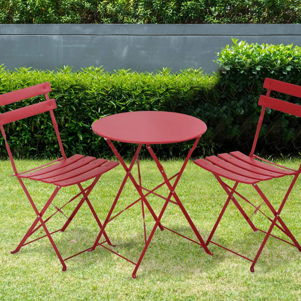 VINGLI Steel Patio Bistro Set Red 3 Piece Folding Outdoor Patio Furniture Sets Folding Patio Round Table and Chairs 