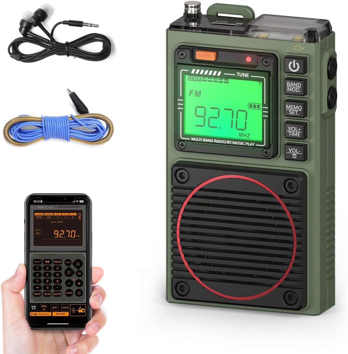 Raddy RF75A APP Control Shortwave Radio, Portable AM/FM/VHF/SW/WB Weather Radio with Bluetooth, Pocket Radio Rechargeable w/ 9.85 Ft Wire Antenna