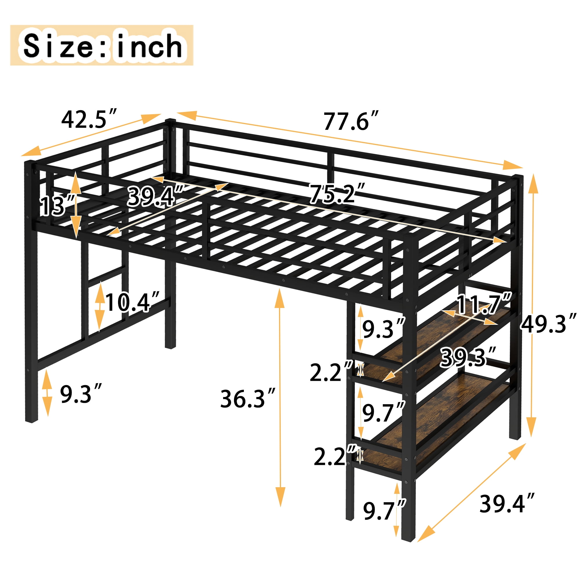 Miniyam Twin Metal Loft Bed with Ladder and Shelves and Guard Rails for Kids and Teens, Black