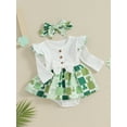 thumbnail image 3 of Suealasg Baby Girls Irish Day Outfit 3 6 9 12 18 Months Infant Girls Long Sleeve Clover Print Ruffle Romper Dress + Headband Set 0-18M 2Pcs Newborn Girl Spring Clothing, 3 of 9