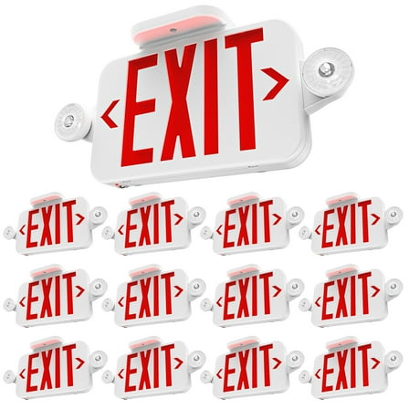 Sunco 12 Pack LED Exit Sign With Emergency Lights, Red, Two Mini Adjustable Lights, 94V-0 Fire Resistant, Backup Battery, 2.3W 6000K Daylight Deluxe, 200 Lumens 120-277V, Wall Or Ceiling Mount UL