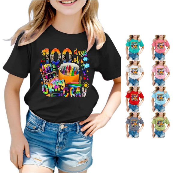 Glisme Back To School T Shirts Girls Toddler Round Neck Short Sleeve Cartoon Graphic Tee 3-4 Years Black