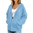 thumbnail image 4 of Vivianyo HD Women's Light Contrast Stitch Zip Up Hooded Sweatshirt, White Drawstring Kangaroo Pocket Long Sleeve Solid Casual Hooded Outer Tops for Women, Women's Light Blue, Sizes S-2XL, 4 of 8