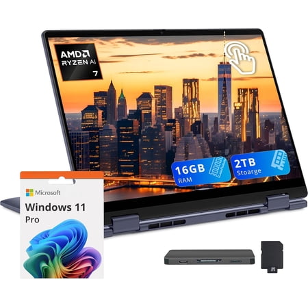 Dell 14" 2K 2-in-1 Touchscreen Laptop, AMD Ryzen AI 7 350, 16GB RAM, 2TB Storage (1TB SSD+1TB Dock Station Set), AMD Radeon Graphics, Copilot+ PC, Backlit Keyboard, Fingerprint, Win 11 Pro, Blue
