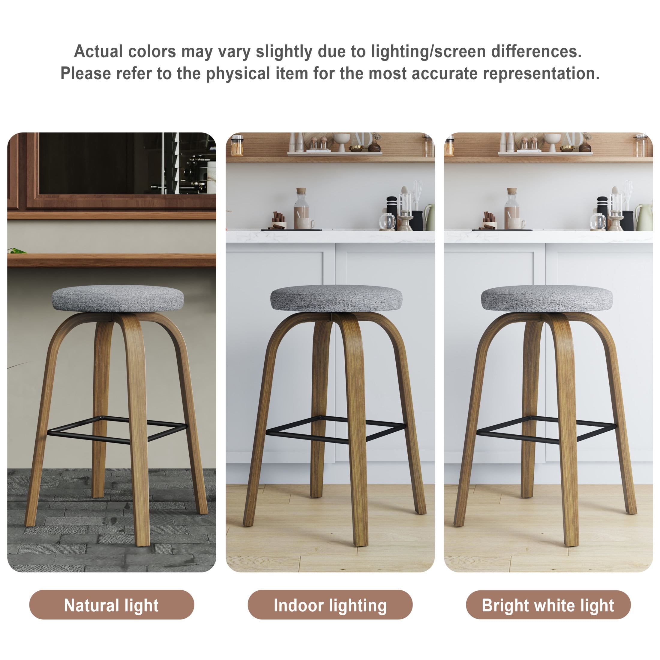 Noble House Florin 30" Swivel Backless Counter Height Bar Stools with Upholstered Seat & Bentwood Legs, Gray, Set of 2