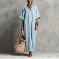 thumbnail image 4 of Ayolanni V Neck Fall Dresses 3/4 Sleeve Cotton Shift Maxi Dresses Solid Holiday Flowy Casual Long Dress with Pockets Blue M, 4 of 6
