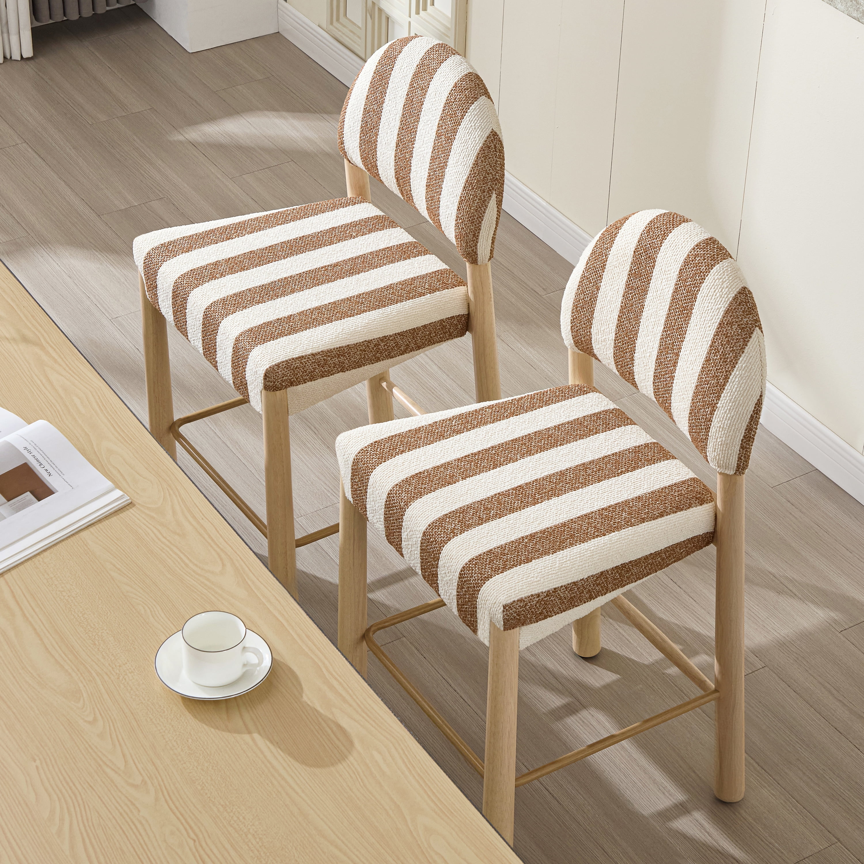 ONEVOG 26.4'' Counter Height Wooden Bar Stools Set of 2, Upholstered Linen Fabric Bar Stools with Arched Back & Solid Wood Legs, BOHO Linen Counter Chairs for Kitchen Island, White & Brown Stripes