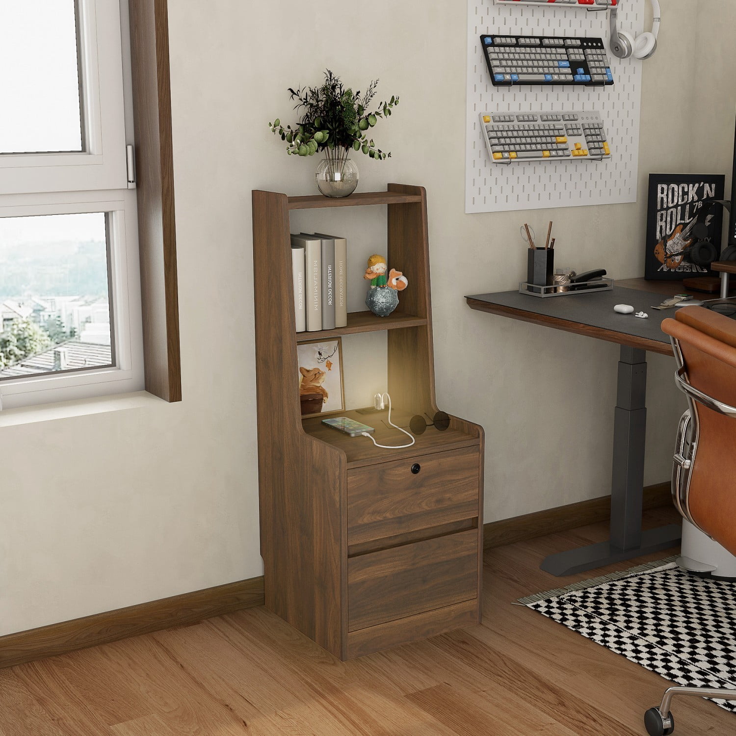 Smart Nightstand with Charging Station and Voice Control Night Light, Modern Bedside Table with Storage Cabinet and Bookshelf, Brown Night Stand for Bedroom, Living Room