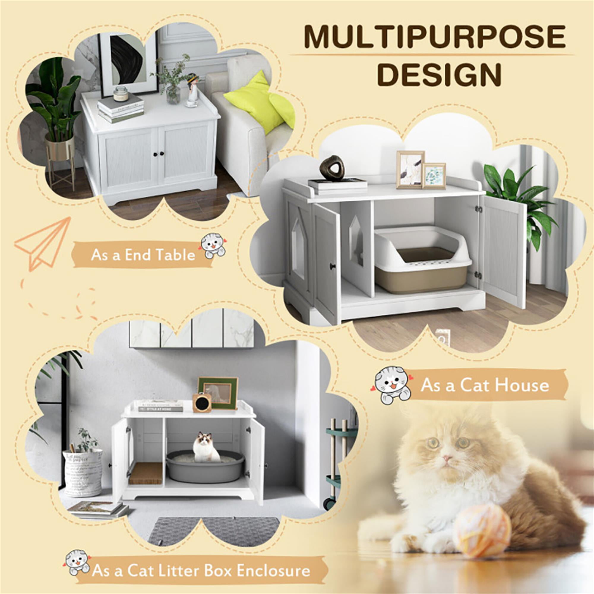 Kadyn 29" Wooden Cat House with Scratching Pad and Adjustable Divider, Cat Litter Box Furniture Hidden, Cat Washroom Enclosure, White