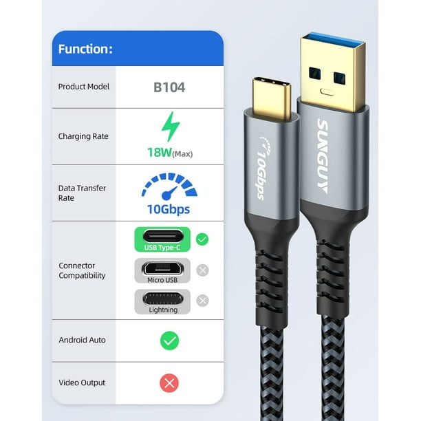 S 10Gbps Android Auto USB C Cable, 1.5FT 3A USB 3.1 Gen 2 Fast Charging & Data  Transfer USB C to USB A Cable, Compatible with Samsung T7, Galaxy S23 S22  S21