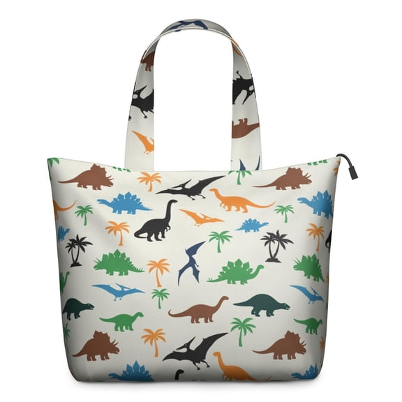 Beige Cartoon Dinosaurs Palms Pattern Travel Tote Bags for Women Carry On,Large Weekender Bags for Women Travel,Multi Functional Duffle Bag for Work,Shopping,Sports