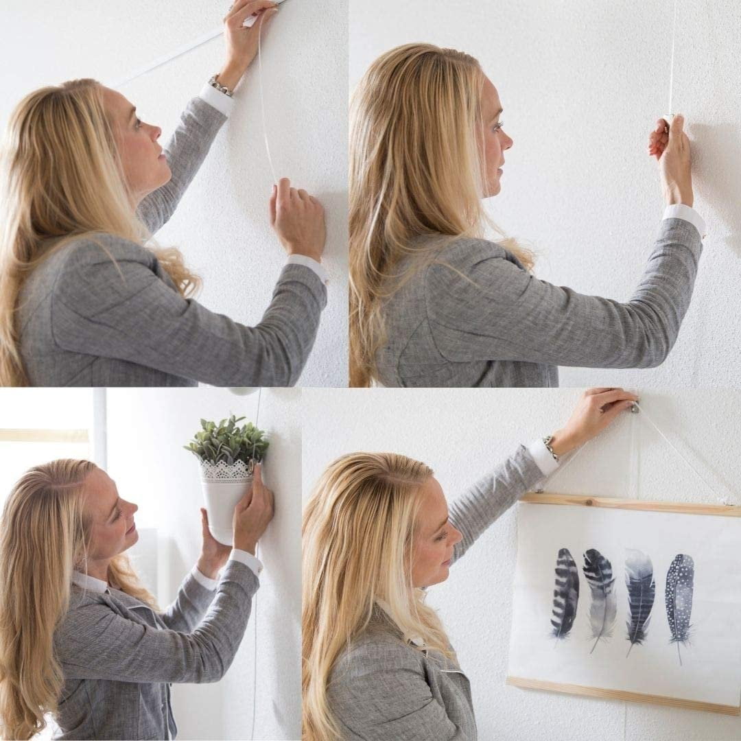 STAS Cliprail Picture Hanging System Set - Covers 9.84 ft of Wall Space - Basic Picture Rail & Art Hanging Gallery Kit Matte Silver Rails, Includes 6 Hooks & 4 Cords