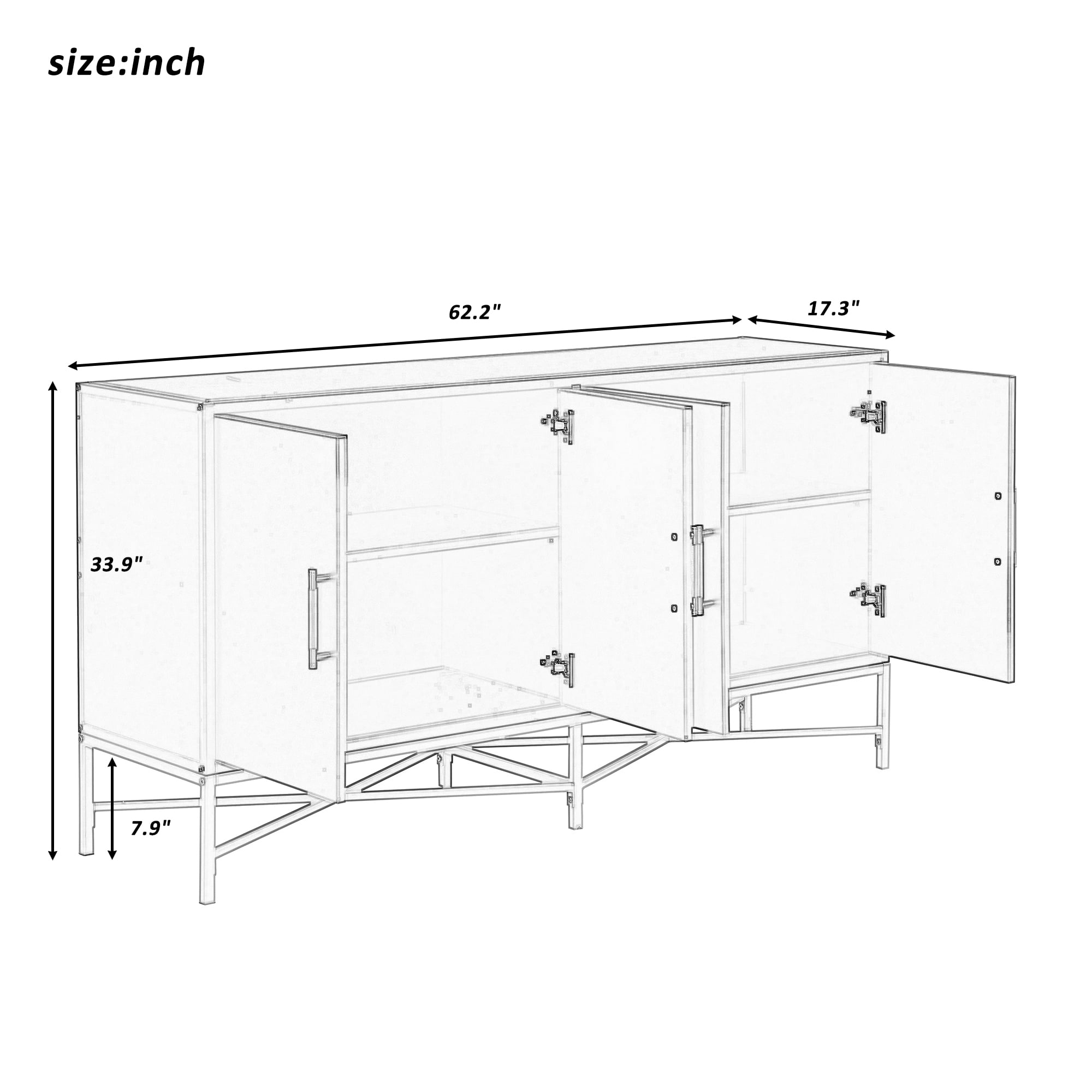 Vastcury 62" 4 Door Sideboard Cabinet with Metal Hands and Cross Legs, Storage Buffet for Living Room Dining Room, Antique Gray