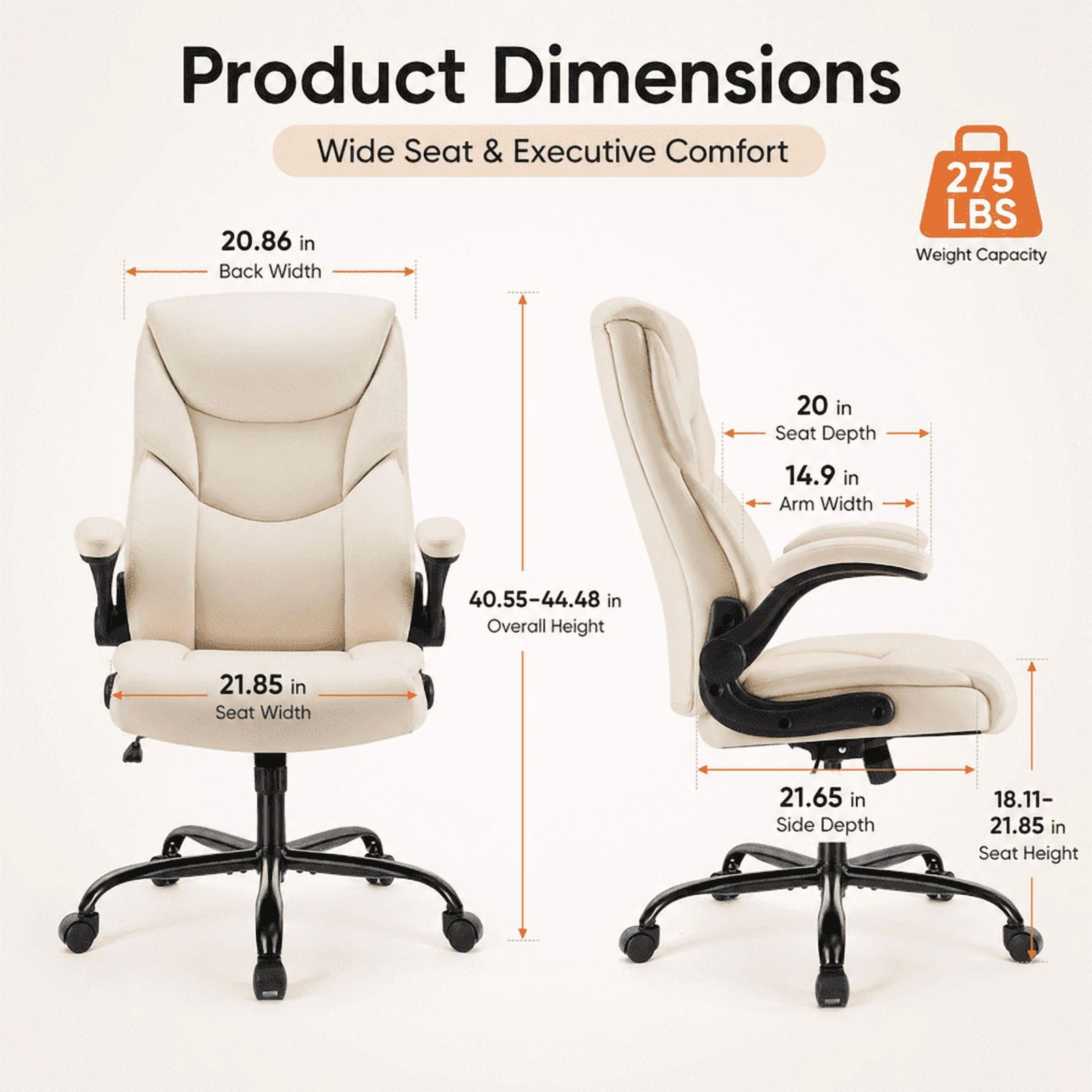 Ergonomic PU Leather Executive Office Chair, Adjustable Height Desk Chair with Lumbar Support, Wide Seat, 360° Swivel and Quiet Wheels, White