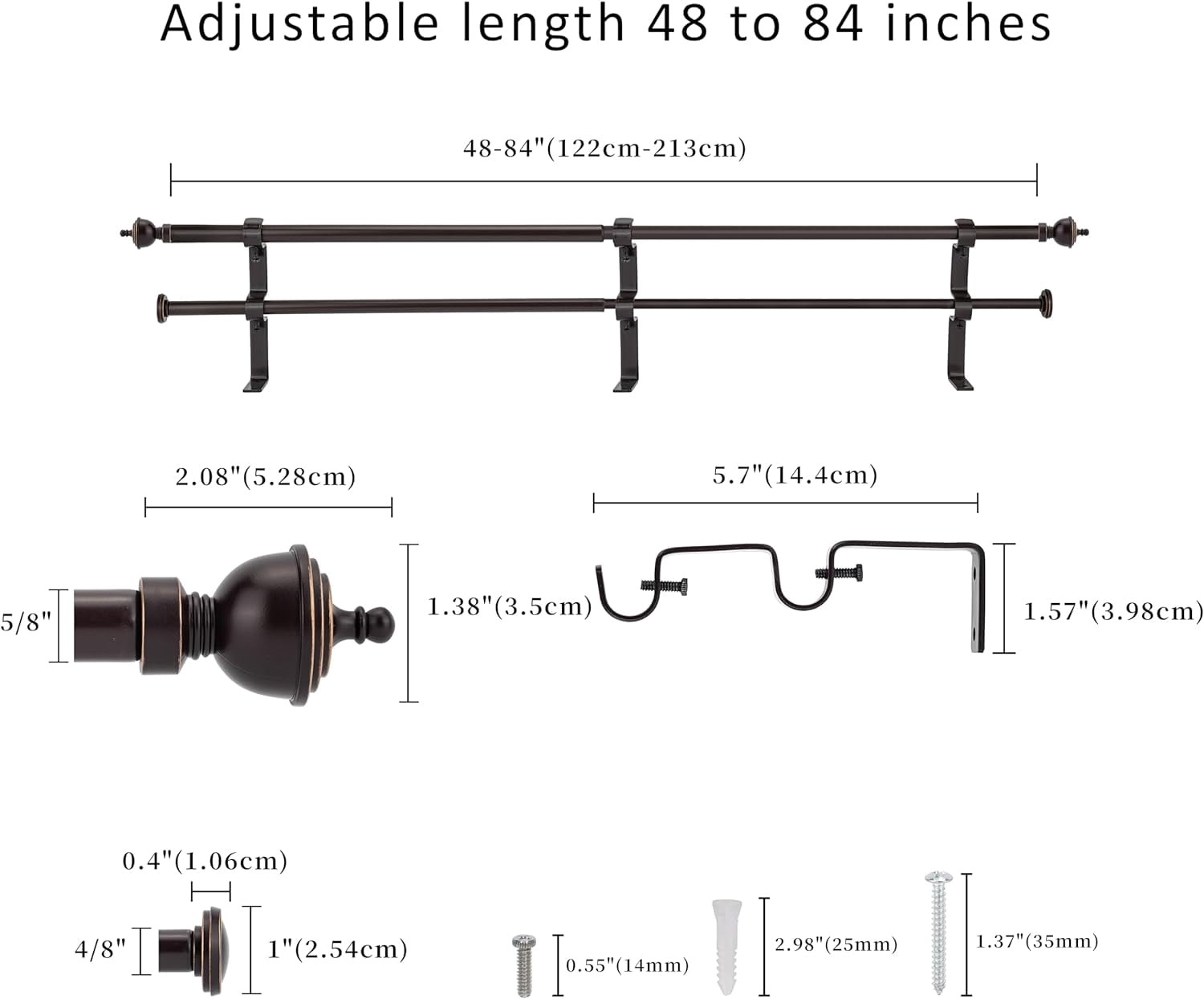 eTeckram 5/8" Double Curtain Rod with Royale Finials,Bronze Gold,48‘’-84‘’