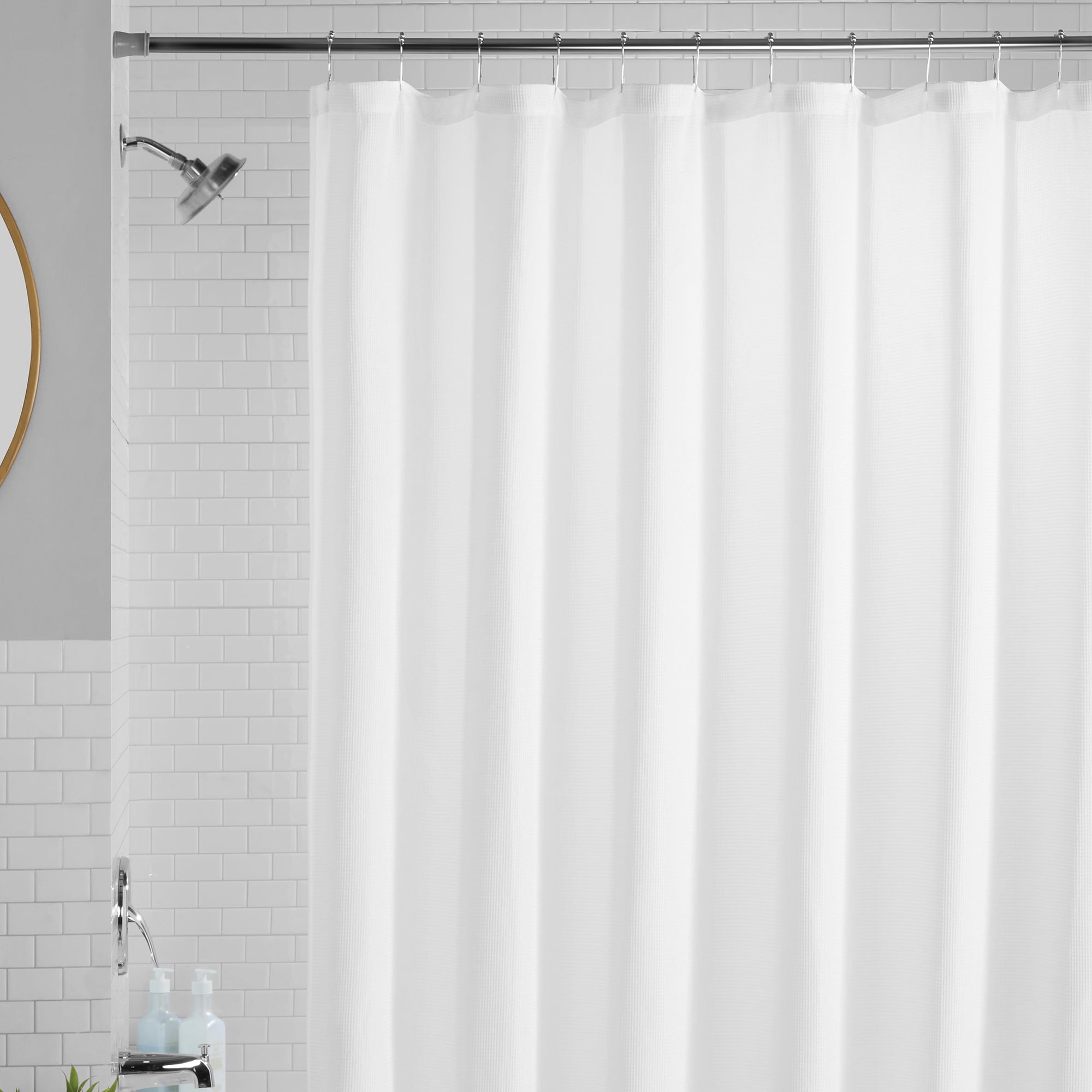 Mainstays Waffle-Weave Fabric Shower Curtain, Textured Cotton Blend with Recycled Polyester, 72” x 72”, Arctic White