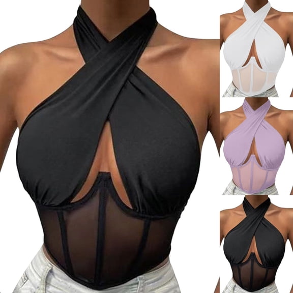 TTUHYWXI Women's Mesh Lace Patchwork Cami Halter Criss Cross Corset Tank Top Fishbone Bustier Crop Top (White, L)