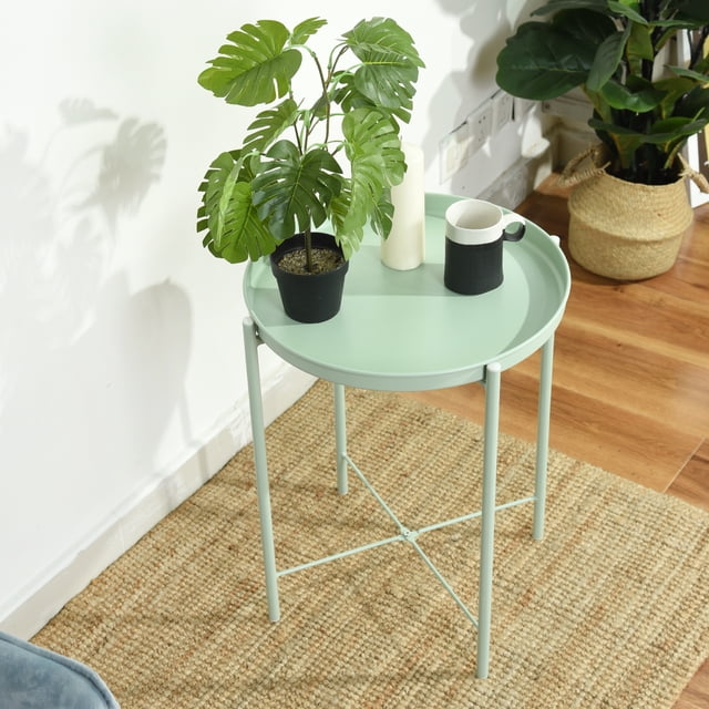 Buro Mesa de Centro Blanca con Bandeja Mesa Auxiliar de Metal,Verde FurnitureR Moderno