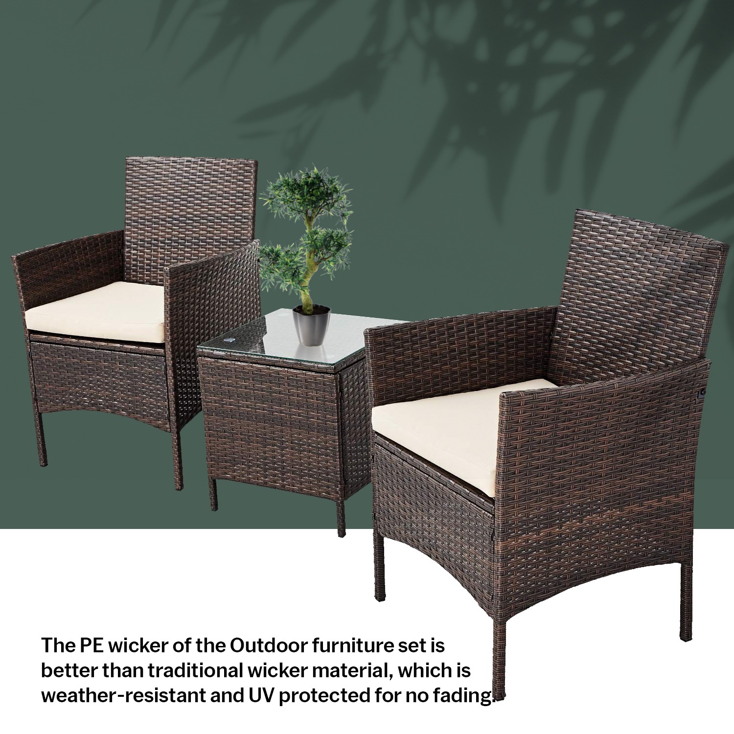 Canaan 3 Piece Patio Rattan Furniture Set – 2 Relaxing Cushion Chairs With a Cafe Table - Beige - image 3 of 10