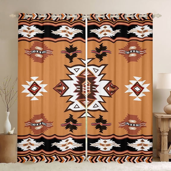 Homewish Rustic Western Aztec Black Out Curtains,Ancient Boho Tribal Curtains Pack of 2 (42x63 Each),Brown Beige Black Bedroom Curtains For Men Women,Breathable Home Decor
