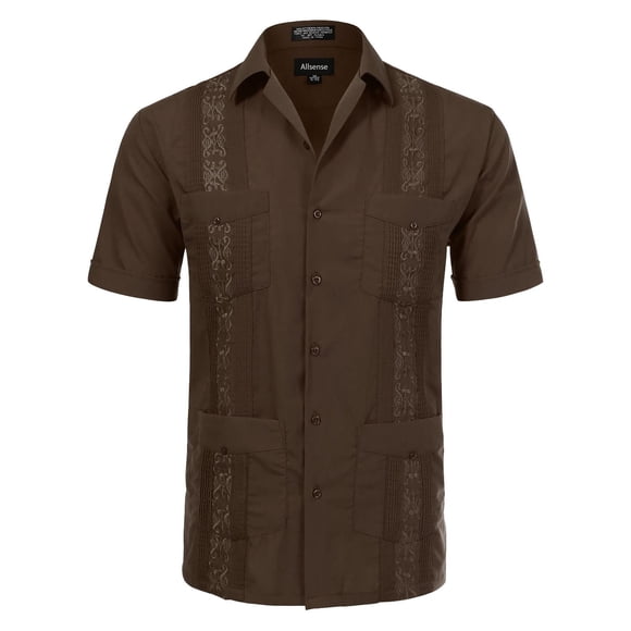 Allsense Chemises Guayabera Cubaines à Manches Courtes pour Hommes, Chemises Décontractées d'Été pour la Plage, Marron, Col 20.5 Pouces, 4TG